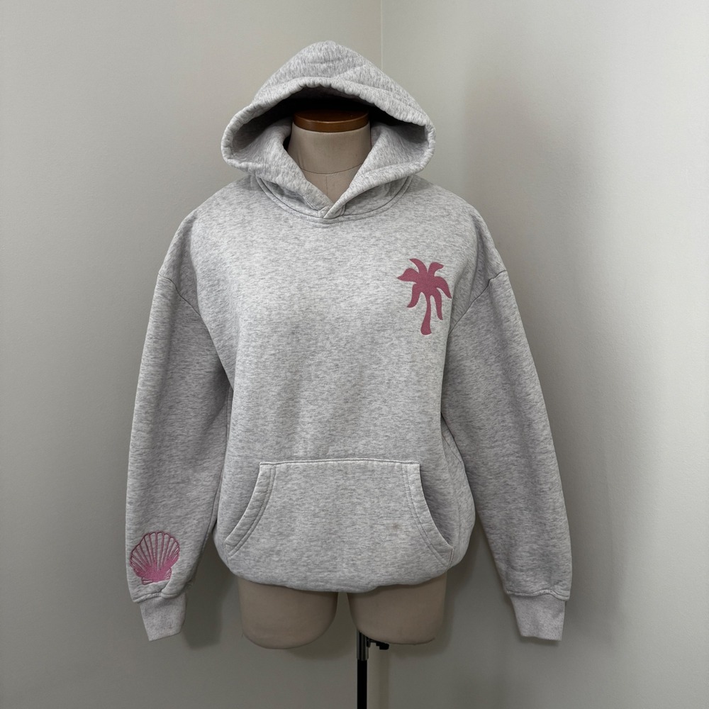 Pink Palm Puff Small Hawaii Hibiscus Gray Pink Embroidered Sweatshirt Hoodie